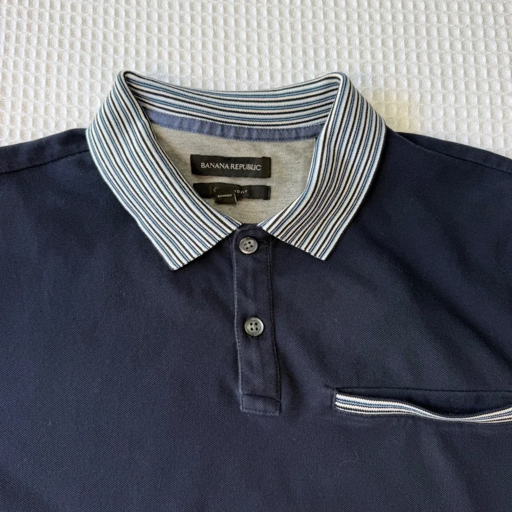 Banana Republic Mens Large‎ Tall Navy Blue Striped Collar Pique Polo Shirt L T